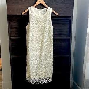 LOFT Cream Sheath Midi Dress Sleeveless Crew Neck